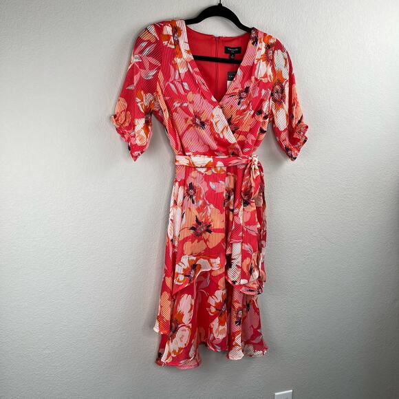Tahari ASL Ruffle Hem Tie Waist V-Neck Short Sleeve Pink Floral Mini Dress 2 NWT - Picture 9 of 16